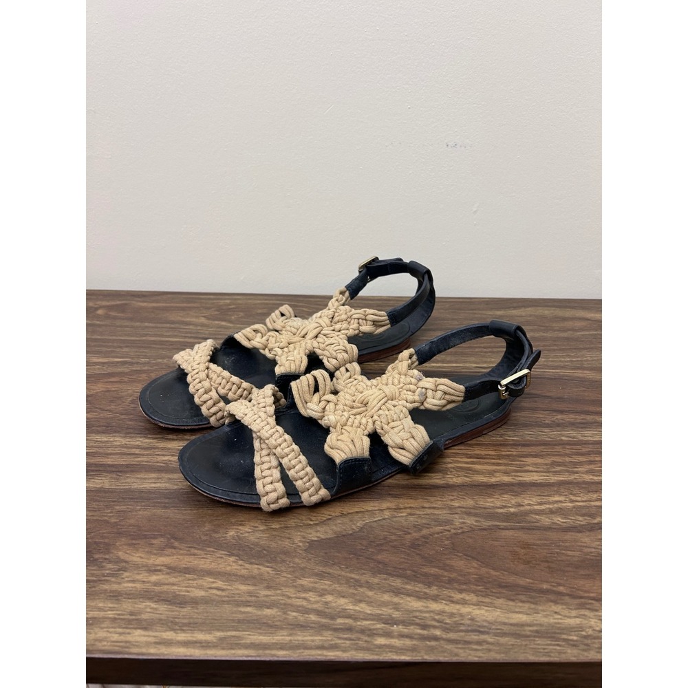 Tory Burch Black Leather Macrame Strap‎ Flat Sandals Women Size 7.5M